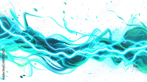 Glowing blue neon lightning streaks amidst lively green wave patterns, isolated on a solid white background."