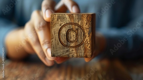 Person holding wooden block with copyright icon for author rights and patented intellectual property copyleft trademark license Copyright or patent concept , octane render photo
