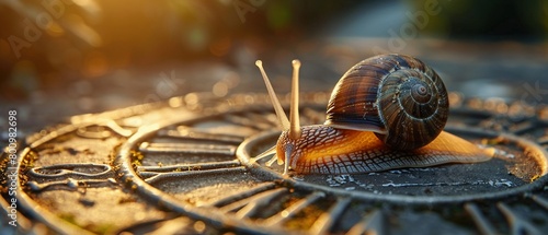 Snail crawling across a sundial, moving at its own pace , Hyper realistic