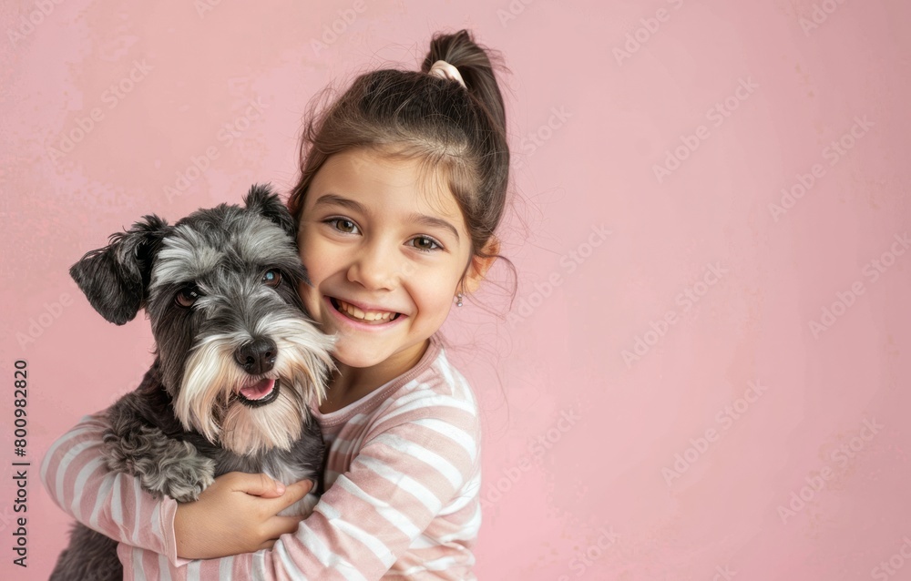 Child holding a Schnauzer dog on a pink background Child holding a Schnauzer dog on a pink background