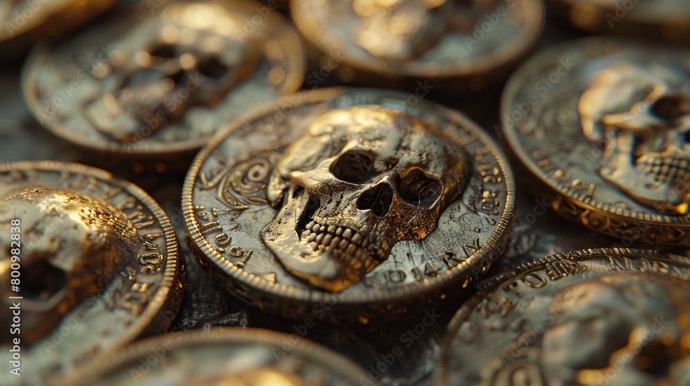 Gold coins with skull engravings, Symbolizing the dark side of wealth and greed , octane render Gold coins with skull engravings, Symbolizing the dark side of wealth and greed , octane render