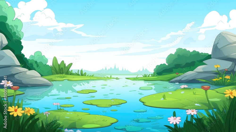 Tranquil Lotus Pond Cartoon Illustration