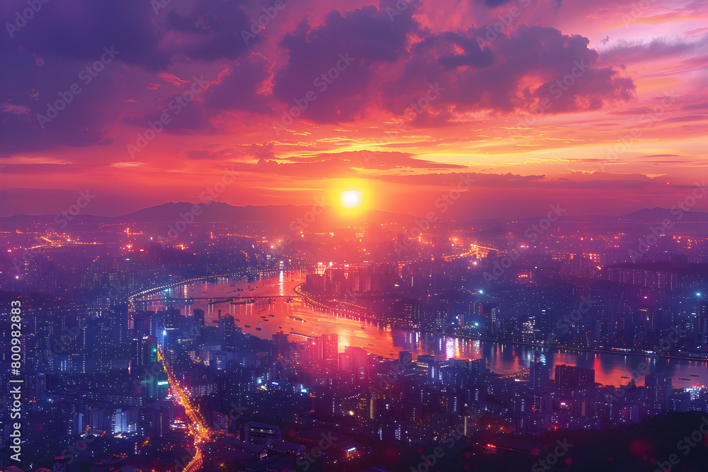 Vibrant Cityscape Overlooking a Large Lake during Sunset Vibrant Cityscape Overlooking a Large Lake during Sunset