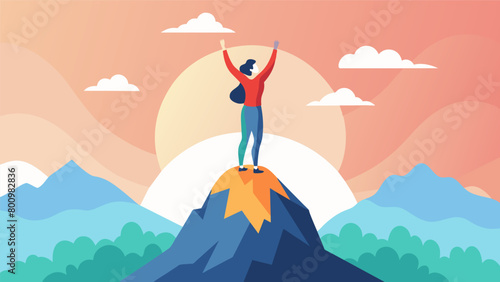 A watercolor painting of a person standing on top of a mountain representing their triumph over severe anxiety with the help of ketamine therapy..