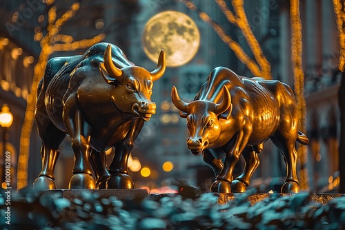 Golden bull and bear statues on Wall Street with the moon rising behind them, A classic symbol of the financial market with a to the moon twist , blender