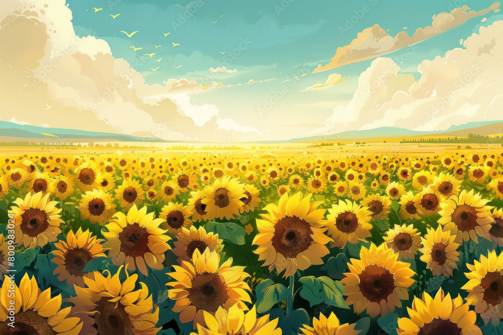 Fototapeta premium Vibrant Sunflower Field Illustration., International Sun Day, the importance of solar energy, Sun’s contributions to life on Earth.