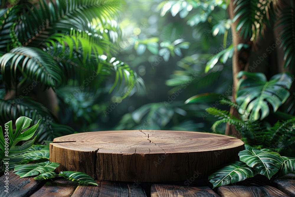 Wooden podium in tropical forest for product presentation and green background Wooden podium in tropical forest for product presentation and green background