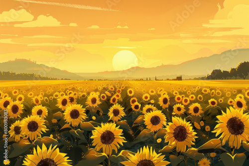 Vibrant Sunflower Field Illustration., International Sun Day, the importance of solar energy, Sun’s contributions to life on Earth.