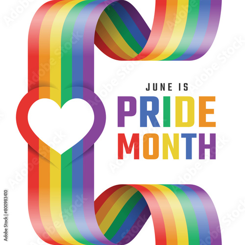 June is pride month - Long rainbow pride flag rolling and waving vertical with heart ring shape in the middle vector design