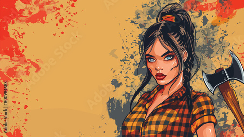 Young woman with Halloween makeup and axe on color background