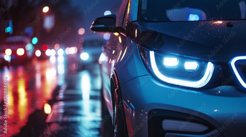 Modern Electric Car Headlights in Nighttime City Rain