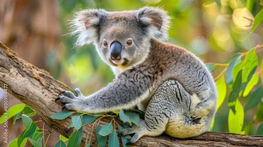 Obraz premium Tranquil koala bear serenely munching leaves on tree branch in lush green forest habitat