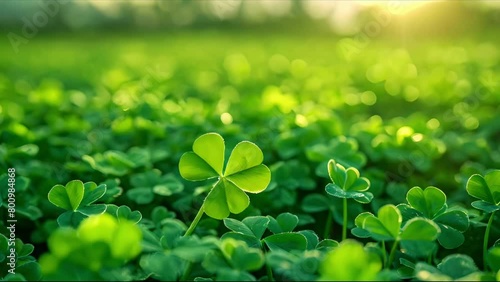 Lucky Clover Shine in Green Meadows. Concept Lush Greenery, Sparkling Clover, Serene Nature, Radiant Sunlight, Vibrant Meadow photo