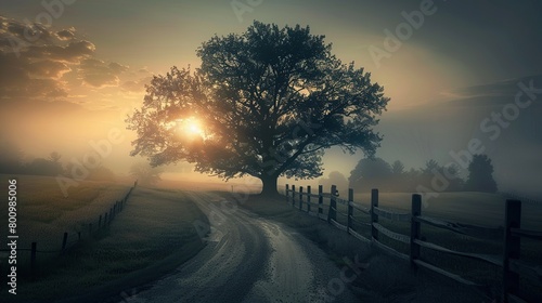 A large tree with a heart-shaped canopy is in the center of a grassy field. The sky is blue with white clouds and the sun is setting behind the tree. There are small white flowers all throughout the g