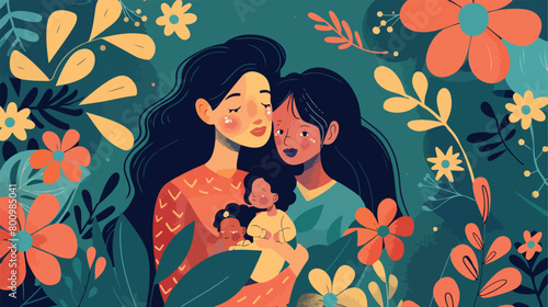 Young women with baby on color background. Concept 