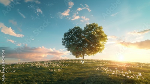 A large tree with a heart-shaped canopy is in the center of a grassy field. The sky is blue with white clouds and the sun is setting behind the tree. There are small white flowers all throughout the g