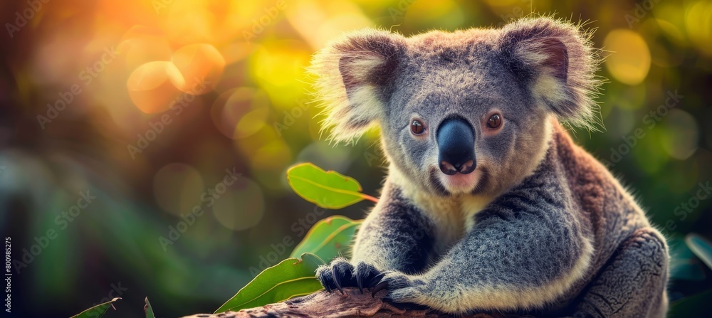Tranquil koala bear delicately nibbling on fresh leaves in its serene forest habitat Tranquil koala bear delicately nibbling on fresh leaves in its serene forest habitat