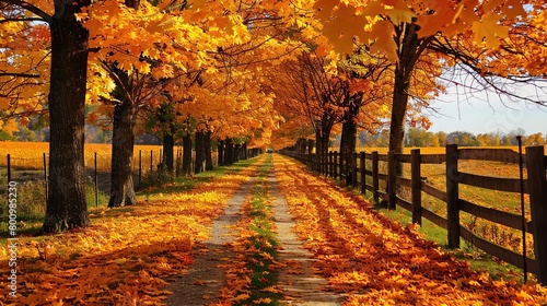 A winding road is covered with fallen leaves. Trees on either side of the road have orange autumn leaves. There is a wooden fence to the right of the road.