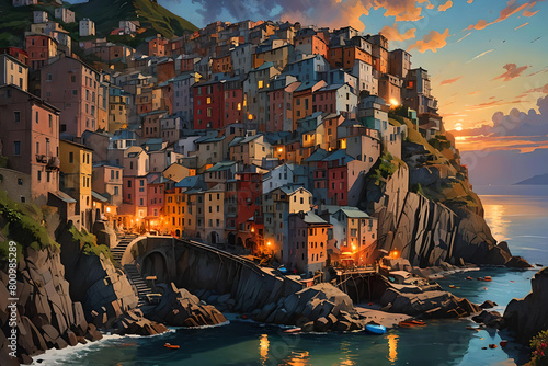 Watercolor painting of Riomaggiore, Italy at sunset photo