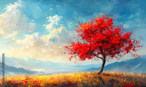 Vibrant Red Acacia Tree Oil Painting, Abstract Summer Landscape Art, Nature Banner Design Template