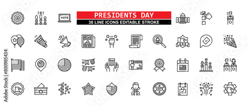 36 Presidents Day Line Icons Set Pack Editable Stroke Vector Illustration.