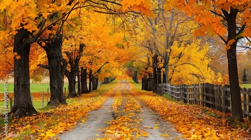 A winding road is covered with fallen leaves. Trees on either side of the road have orange autumn leaves. There is a wooden fence to the right of the road.