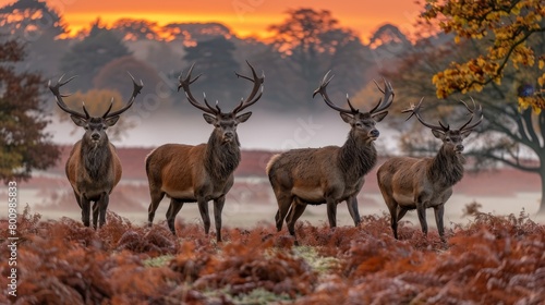 Group of three elegant deer trotting across a beautiful autumn field in the morning © Oksana