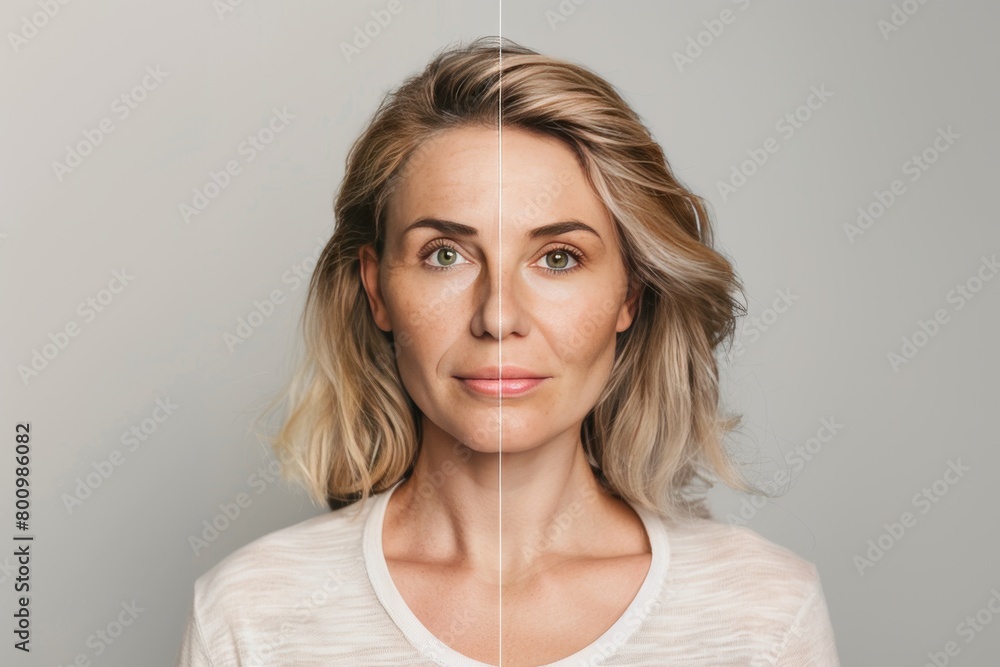 Vital skincare maintains Marionette line, aging diabetes health focus in split photo contrasts young and old.