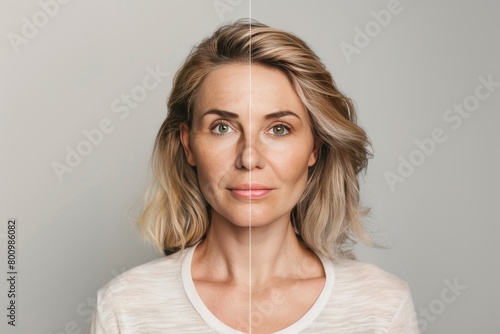 Vital skincare maintains Marionette line  aging diabetes health focus in split photo contrasts young and old.