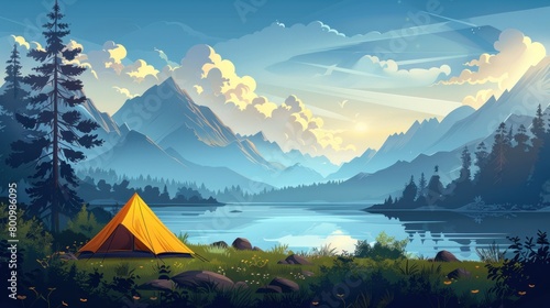 A painting of an orange tent pitched in the mountains by a serene lake on a sunny day