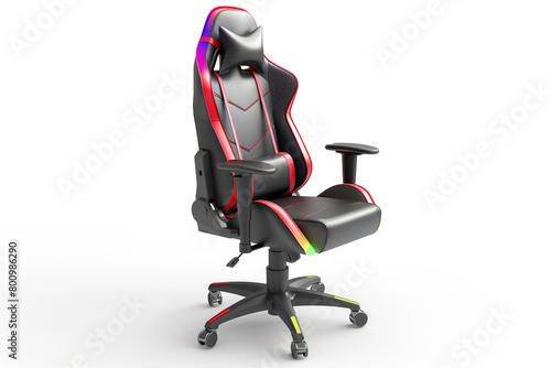 Ergonomic gaming swivel chair with a high back and colorful accents, isolated on solid white background.