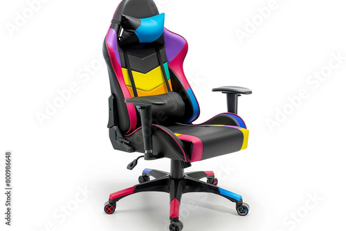 Ergonomic gaming swivel chair with lumbar support and vibrant color accents, isolated on solid white background.