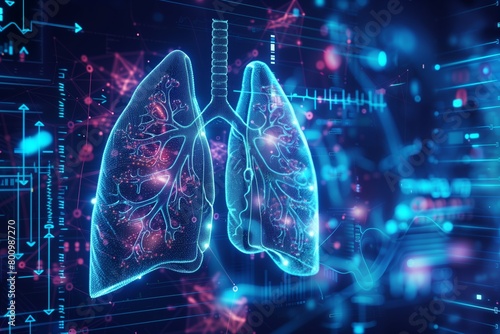 The image shows a pair of lungs with a circuit board in the background photo
