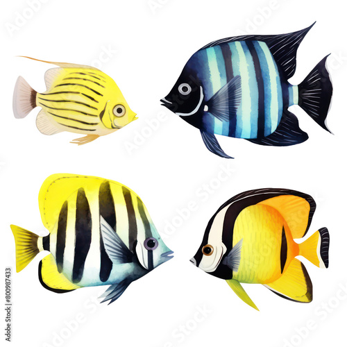 4 cute Moorish idol fish animal watercolor on transparent background