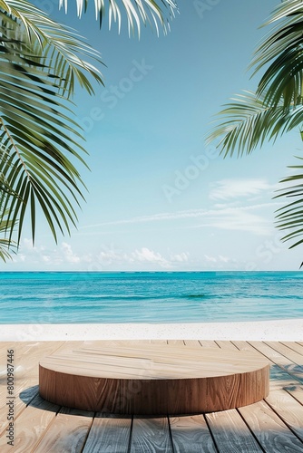 Summer product display on wooden podium with sea tropical beach, vertical image.