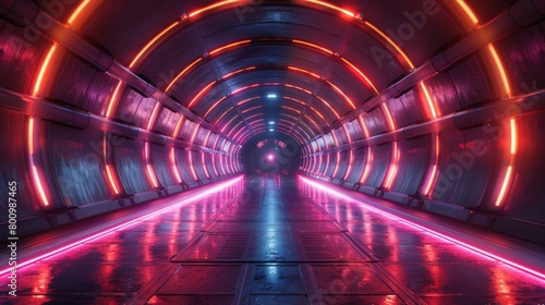 Abstract flight through retro neon hyper warp space, 3D tunnel illustration, vaporwave aesthetic, wide angle, extremely detailed, AI Generative © sorapop