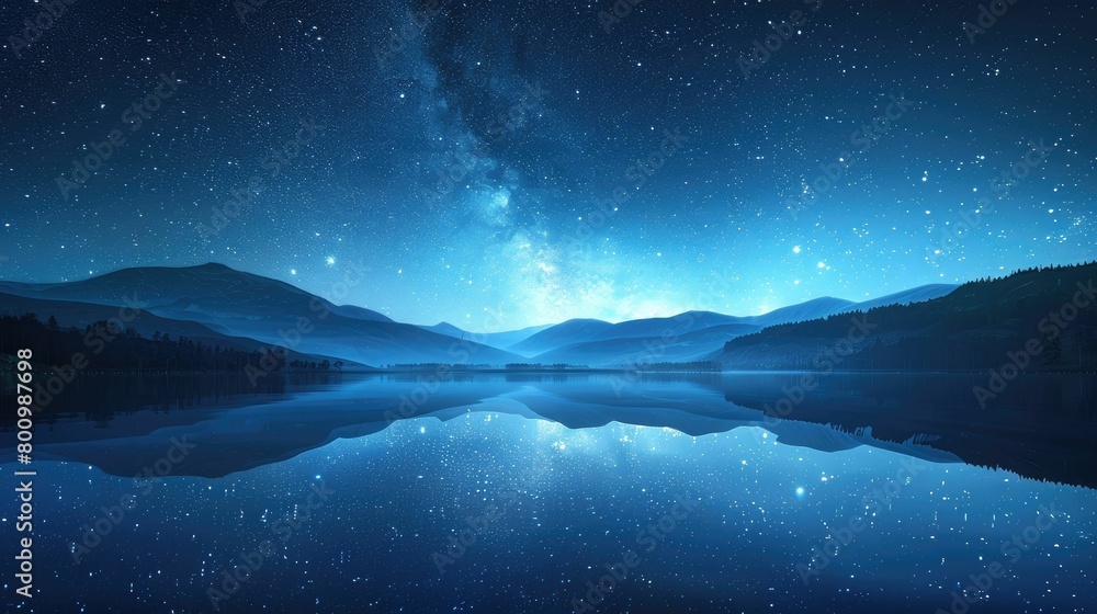 3D render of a calm starry night sky over a smooth reflective lake