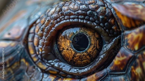 A close-up shot of a turtle's eye, with its intricate patterns and expressive gaze, capturing the intelligence and sentience of these remarkable reptiles on World Turtle Day.