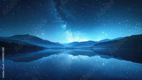 3D render of a calm starry night sky over a smooth reflective lake © komgritch