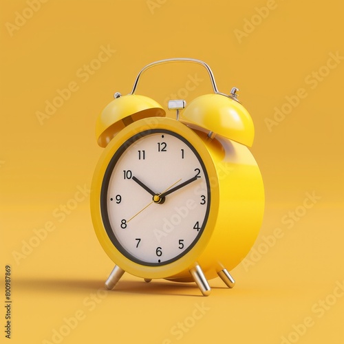 Craft a 3D design of a classic alarm clock icon, featuring a bold yellow hue that commands attention. The clock should have a subtle shadow and be placed against a clean background, AI Generative