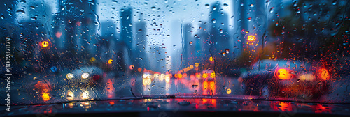  Big city view from car window during rain. Car g  The Climate Impact A Stormy Night in the City Illuminated by Lightning Concept Climate Change Effects Stormy Weather Lighting Strikes Urban Environm
