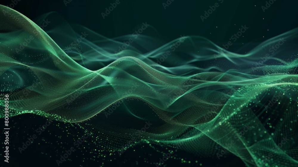 Create a dynamic background featuring waves of green light flowing across a dark expanse, AI Generative