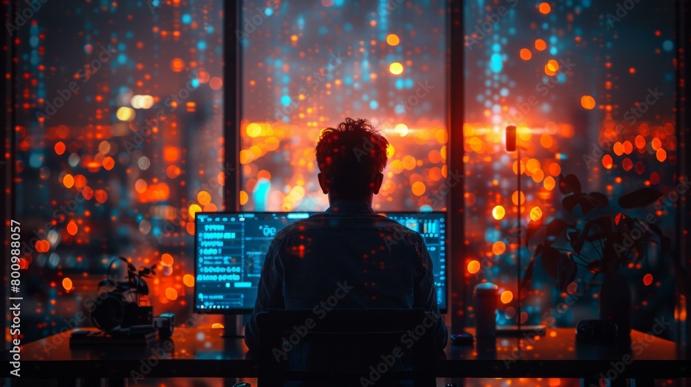 Cybersecurity expert at work, solving complex challenges, screen glow reflects intense concentration, modern office setting, strategic defense in action, AI Generative Cybersecurity expert at work, solving complex challenges, screen glow reflects intense concentration, modern office setting, strategic defense in action, AI Generative