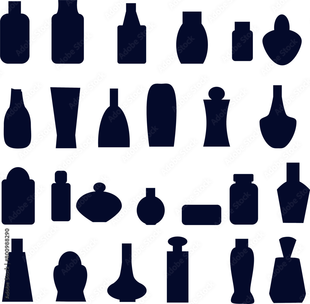 Graphic resource different perfume bottles, shampoo jars and bottles with persperants and cleaning agents of different shapes and colors. Vector illustration Different containers for the shelves of Graphic resource different perfume bottles, shampoo jars and bottles with persperants and cleaning agents of different shapes and colors. Vector illustration Different containers for the shelves of