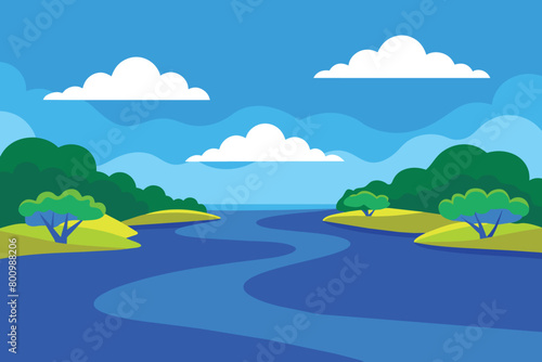 Panoramic view of a blue freshwater estuary with mangroves on its edge and cloud in the vector background design