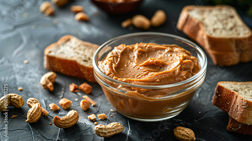 Glass bowl with tasty peanut butter and bread on dark