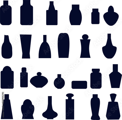 Graphic resource different perfume bottles  shampoo jars and bottles with persperants and cleaning agents of different shapes and colors. Vector illustration Different containers for the shelves of
