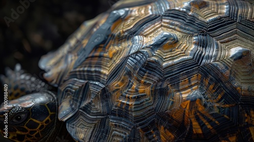 A close-up shot of a turtle's intricate shell, with its intricate patterns and textures, highlighting the unique adaptations of these remarkable reptiles on World Turtle Day.