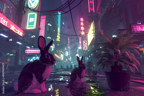unique cute bunny in cyberpunk street