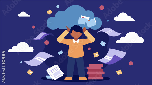 A person struggling to juggle stacks of unpaid bills while a dark cloud of financial stress hovers menacingly above them.